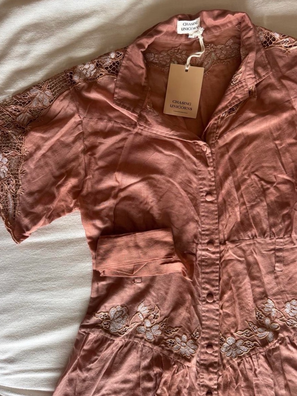 - trade Chasing Unicorns Rose-Mauve Embroidered Tie-Waist Mini Dress - Picture 4 of 4
